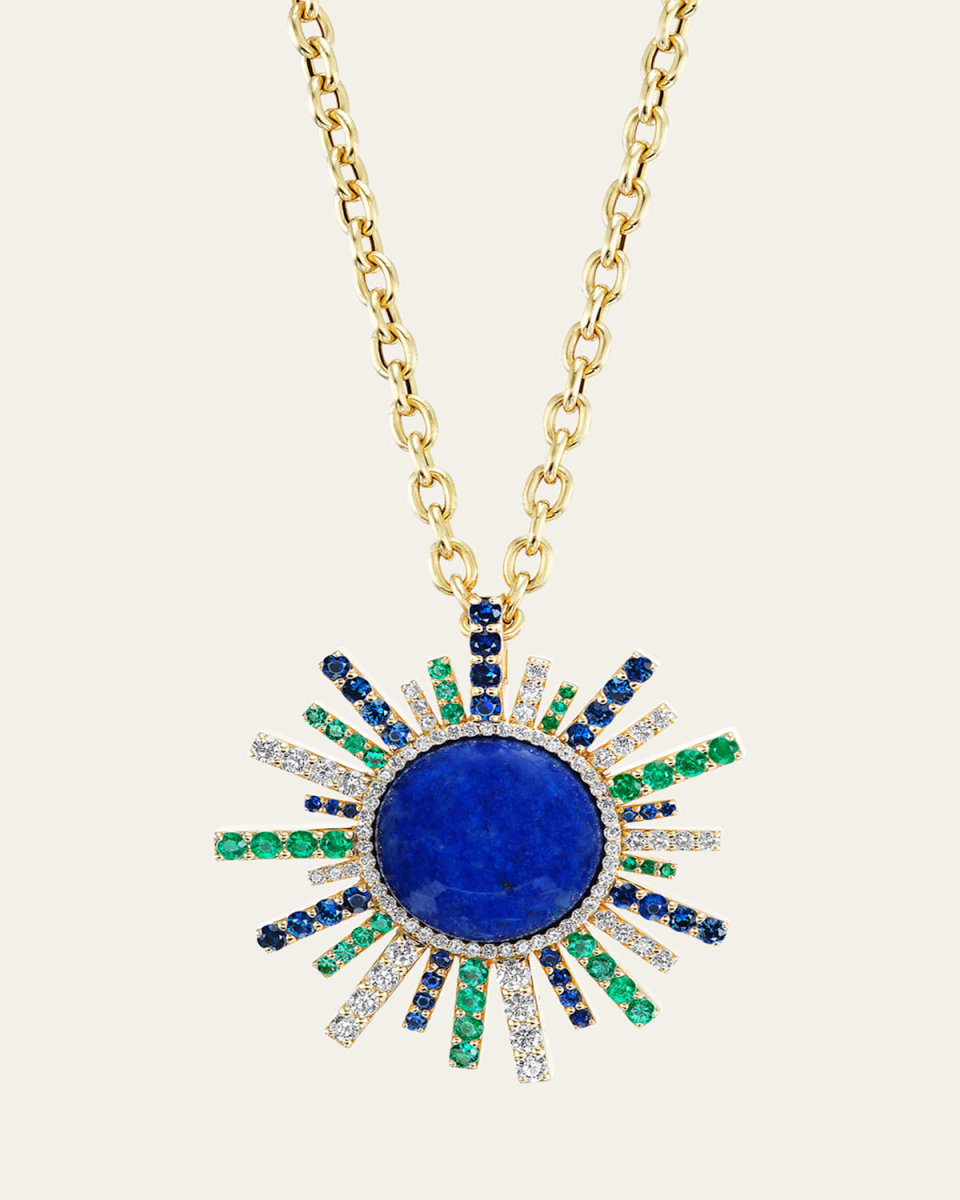18K Yellow Gold Sun Ray Pendant Necklace with Diamonds, Sapphires and Lapis